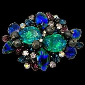 Hobe Signed Vintage Blue Green Bi-Color Givre Glass Cluster Brooch